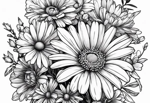 bouquet of daisy, aster, and carnations with stems tattoo idea