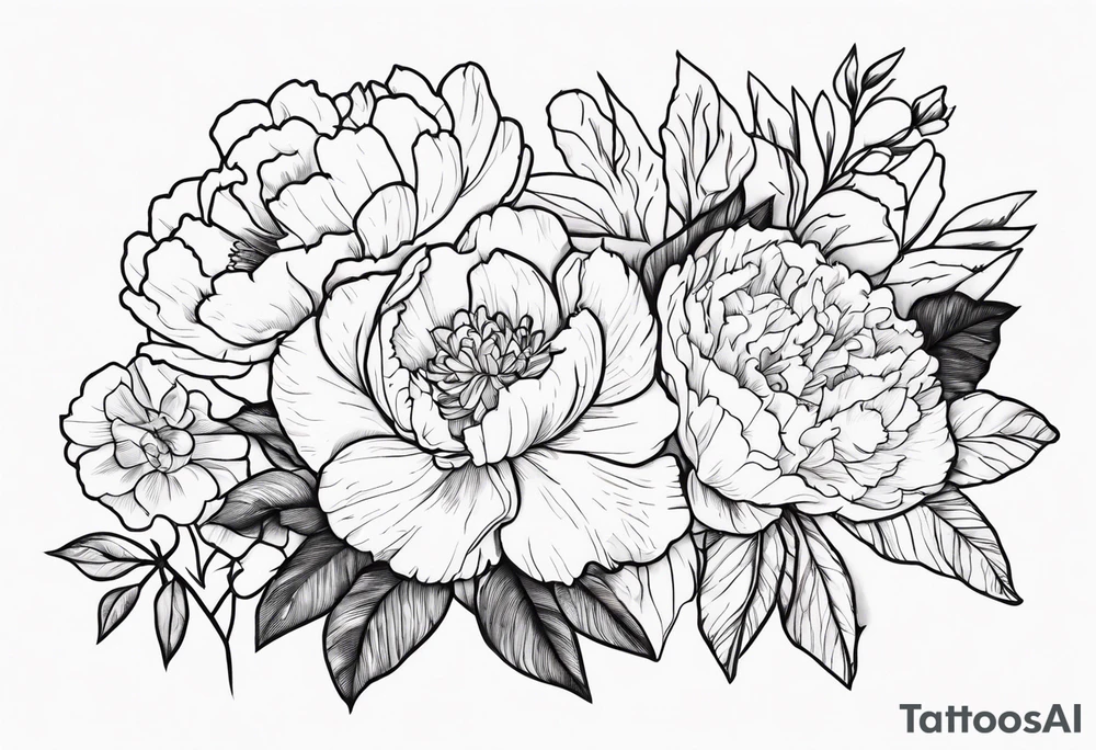 peony, carnation, daffodil, daphne, dahlia, desiree, daisy and rose tattoo idea