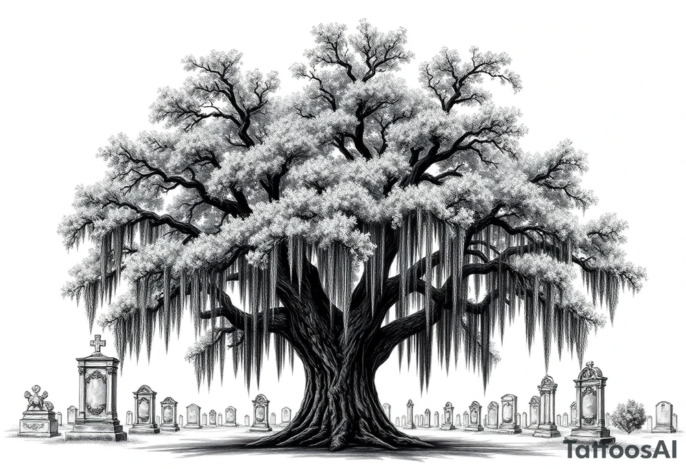 Laurel oak with Spanish moss in a cemetery tattoo idea