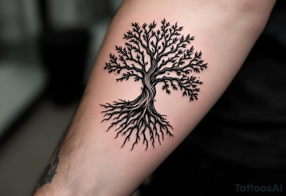 mystical tree of life with cosmic roots and celestial branches tattoo idea