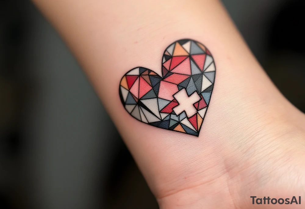 A heart made of geometric shapes, with some pieces missing, symbolizing the parts of us we lose in love. tattoo idea