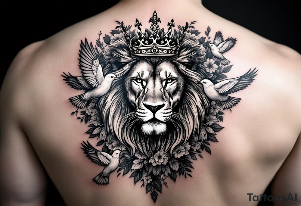 powerful majestic lion with a crown, surrounded by floral ornaments and birds tattoo idea