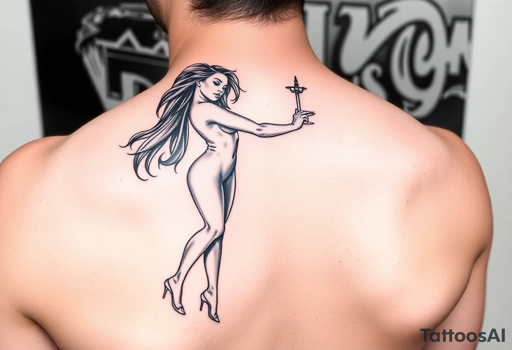 soft watercolor depiction a beautiful woman pole dancing with long flowing hair tattoo idea