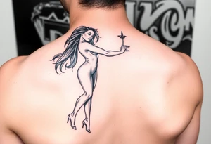 soft watercolor depiction a beautiful woman pole dancing with long flowing hair tattoo idea