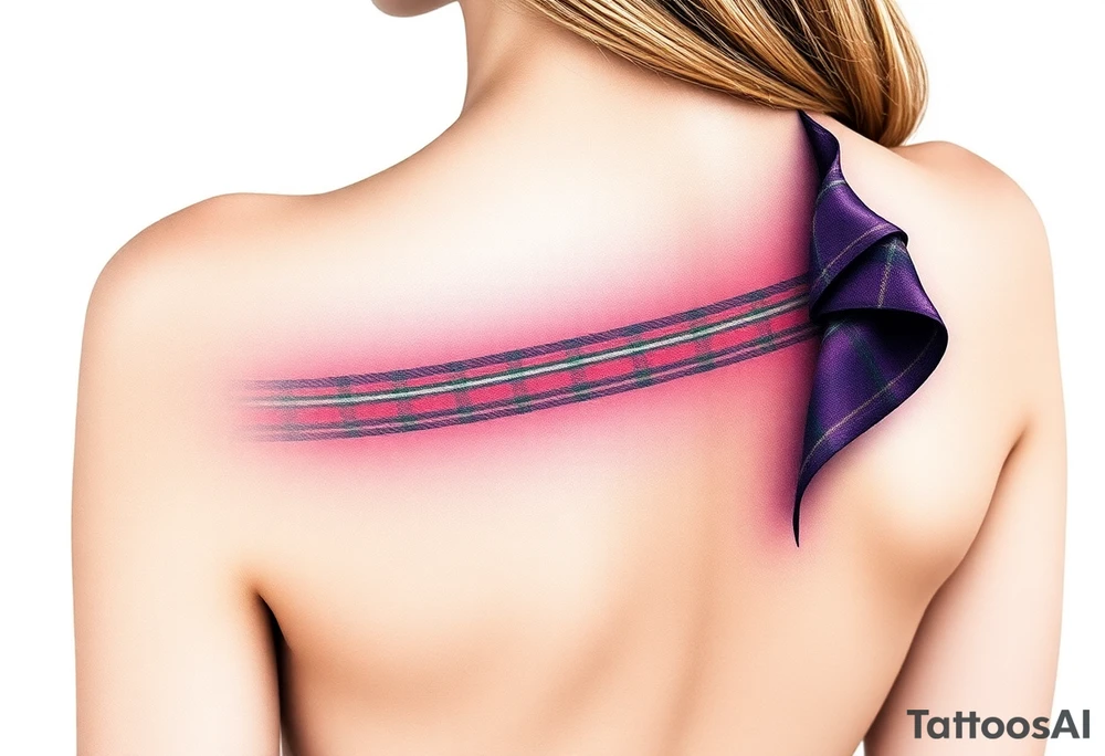 Around Breasts

Dark Purple with green pink blue and white highlights tartan fabric with skin around edges peeling and wrapping around side of shoulder tattoo idea
