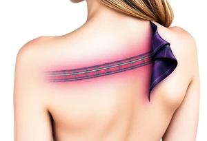 Around Breasts

Dark Purple with green pink blue and white highlights tartan fabric with skin around edges peeling and wrapping around side of shoulder tattoo idea