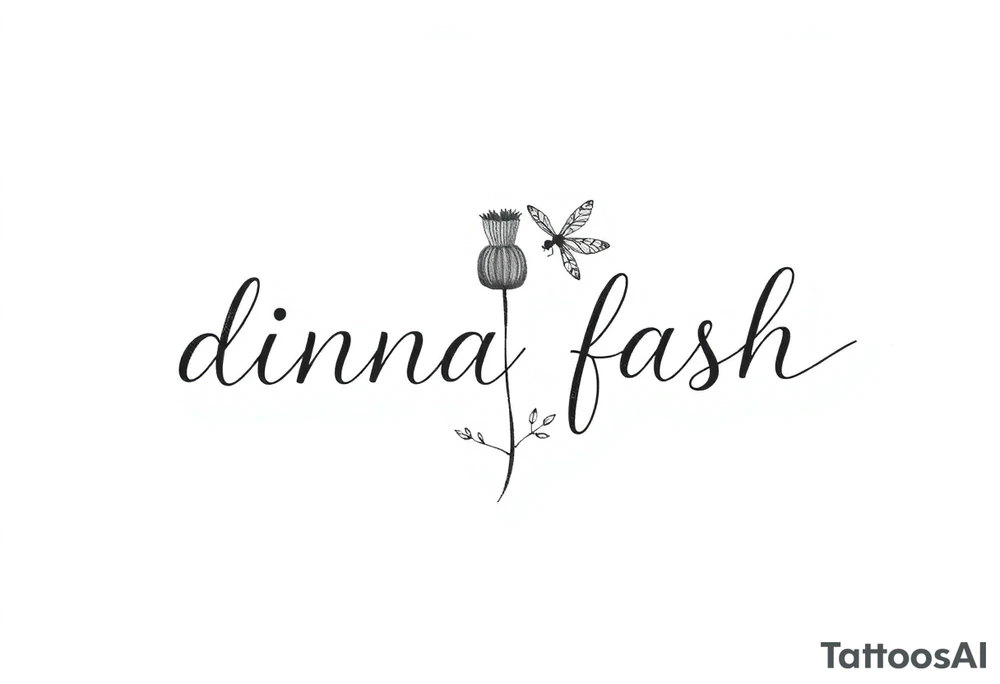 minimaliste simple thistle with dragonfly text : dinna fash tattoo idea