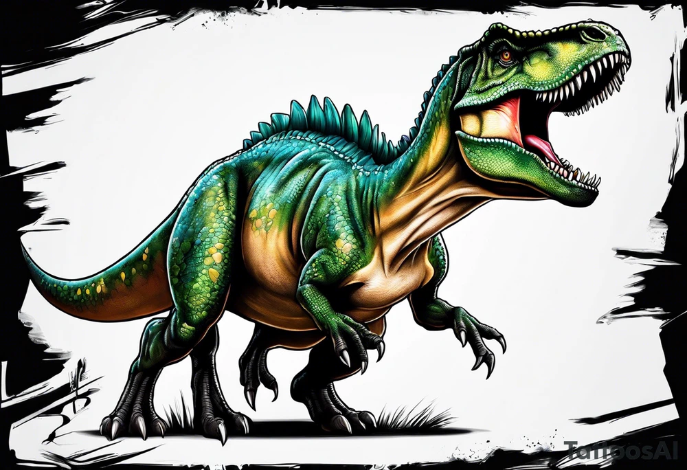 dinosauro ti-rex abraçado em um anjo tattoo idea