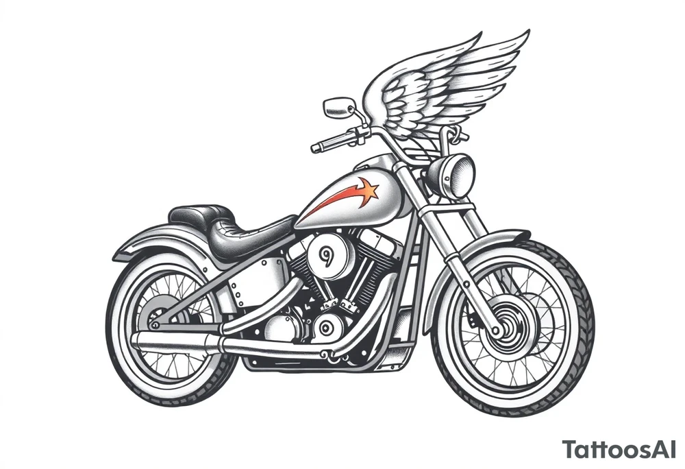 Low rider grey motorcycle, big muffler pipes with flames, angel wings, driving away, no person tattoo idea