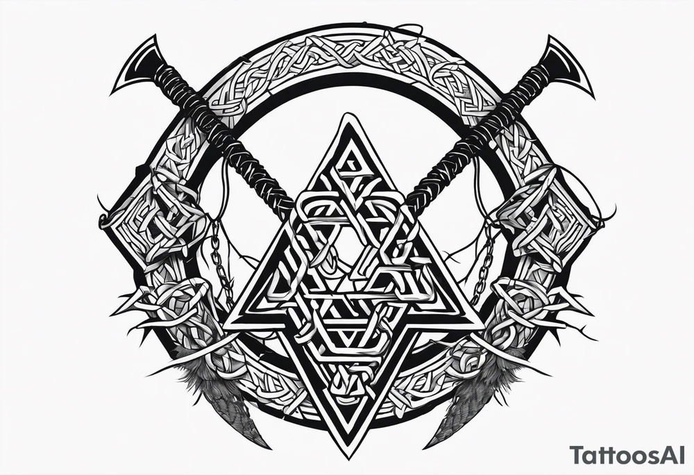 Valhalla sword shield axe barbed wire chains valknut tattoo idea