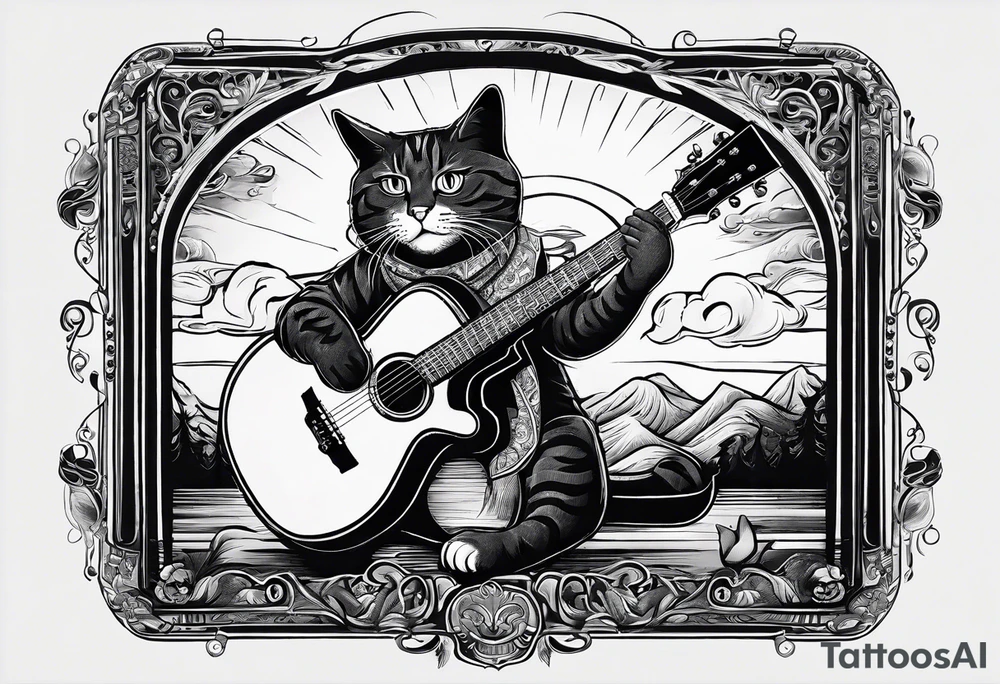 A cat playing acoustic guitar and sitting on a cajon. Dont forget the cajon. tattoo idea