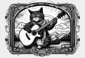 A cat playing acoustic guitar and sitting on a cajon. Dont forget the cajon. tattoo idea