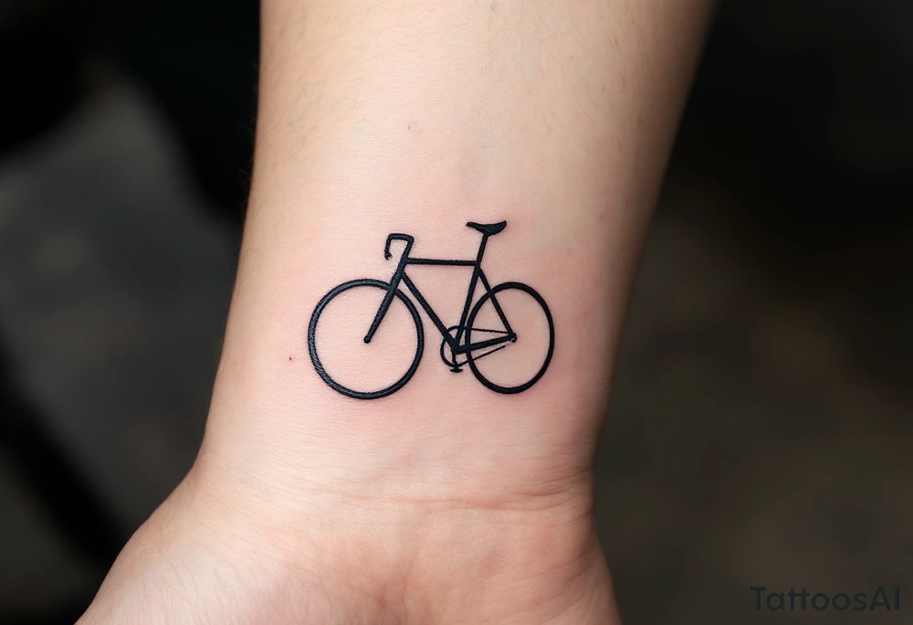 A minimalist line-art cyclist, drawn in a single continuous stroke in black ink with subtle blue highlights for depth. tattoo idea