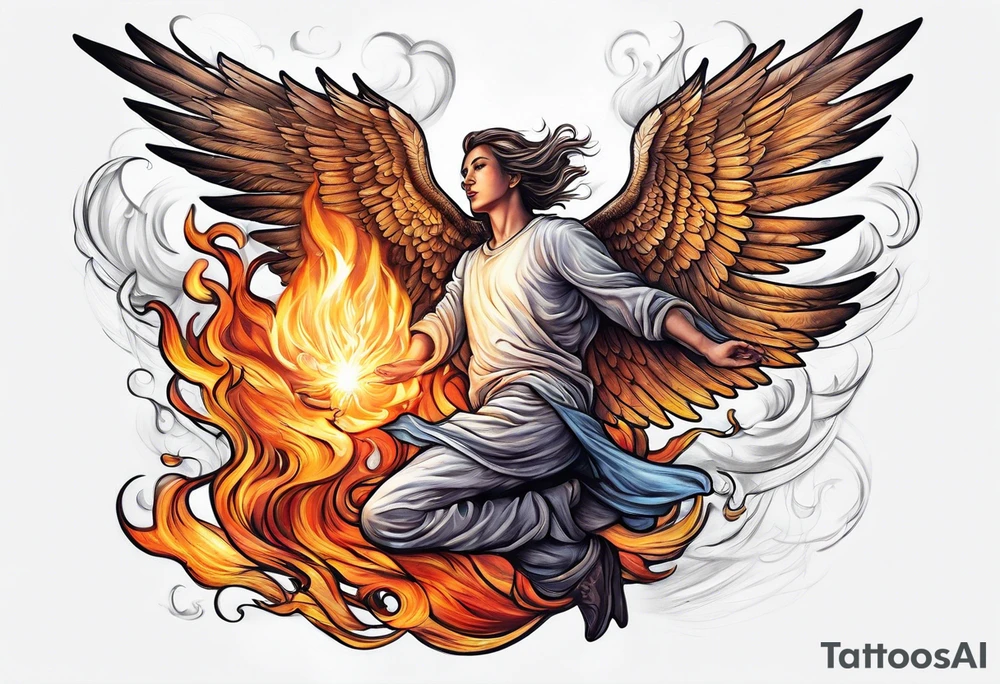 Angel flying over a fire with a man bellow tattoo idea
