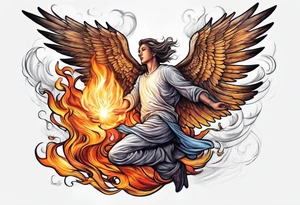 Angel flying over a fire with a man bellow tattoo idea