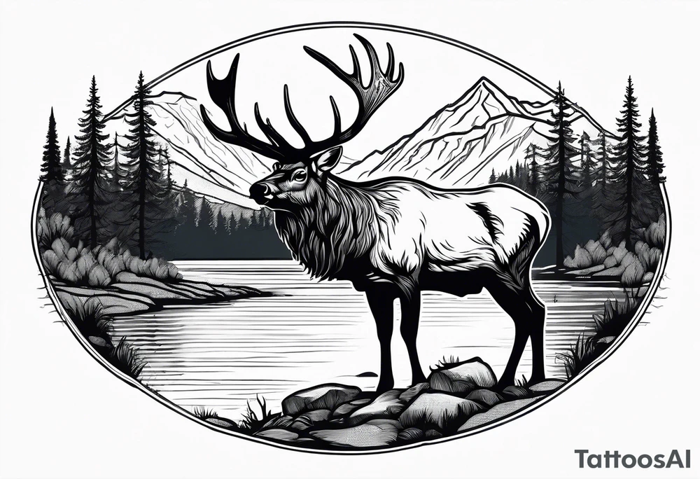 majestic elk near a lake, with mountains in the background tattoo idea