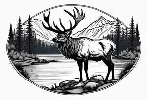 majestic elk near a lake, with mountains in the background tattoo idea