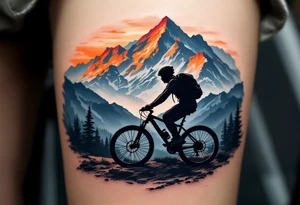 A silhouette of a bicycle rider in front of a mountain landscape, with warm oranges and reds in the sky, symbolizing exploration and adventure. tattoo idea