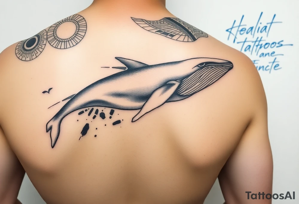 “A realistic-style humpback whale swimming forward across the upper bicep, with its tail transitioning into abstract brushstrokes and artistic smudges. Background includes sacred geometric shapes (circles, triangles, lines) integrated subtly, and a detailed Maori/Polynesian tribal tattoo only on the shoulder area. Add expressive blue calligraphic scribbles – more like ink gestures than text. tattoo idea