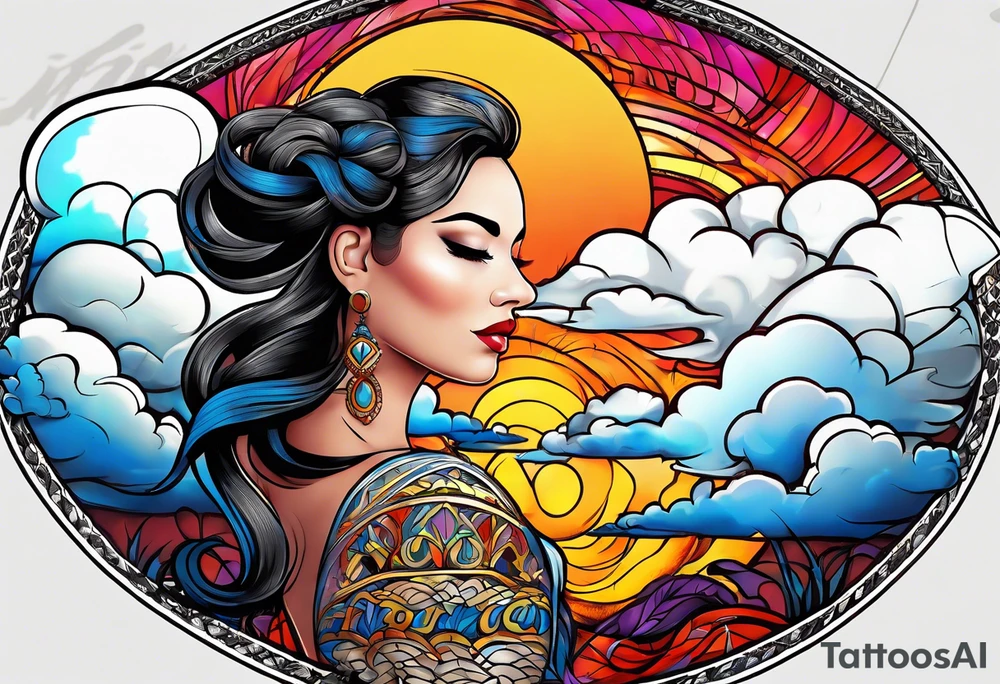 The name “Inez” with clouds backgroud tattoo idea