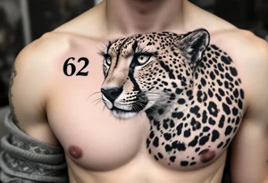 realistic cheetah covering the entire side chest with the number 62 tattoo idea