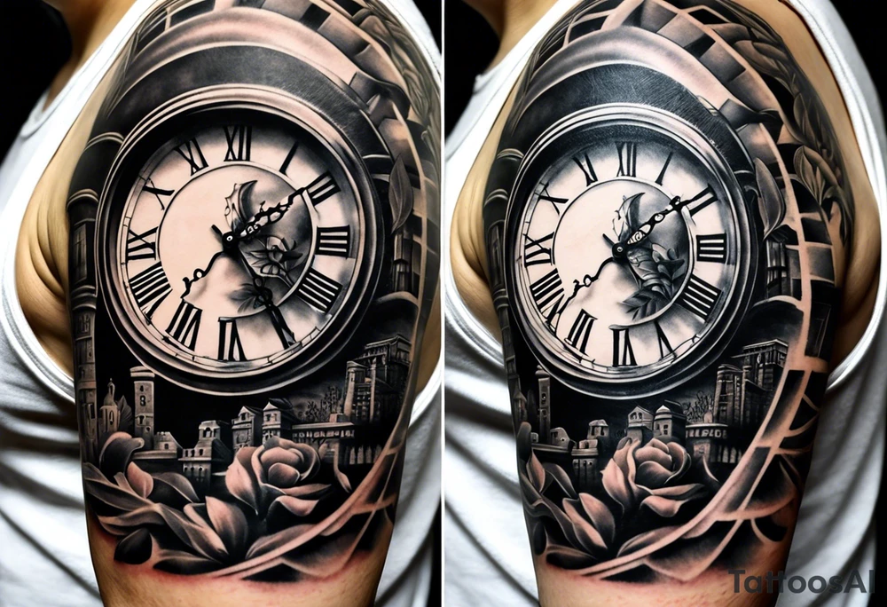 draw me a tattoo with an old clock and shadows of roman numerals are in the background. it is a tattoo located on the left shoulder of a man. it is black and white. Il représente le temps qui passe tattoo idea