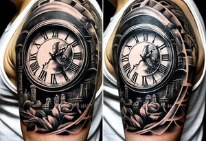 draw me a tattoo with an old clock and shadows of roman numerals are in the background. it is a tattoo located on the left shoulder of a man. it is black and white. Il représente le temps qui passe tattoo idea