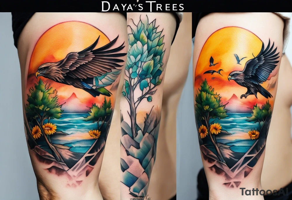Small inside arm tattoo. Black kite (Daya's name), nature (trees/sea), small sunflower. Soft colours tattoo idea