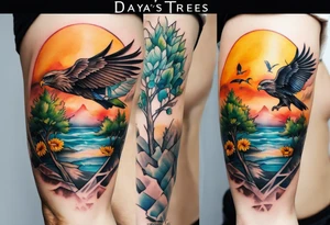 Small inside arm tattoo. Black kite (Daya's name), nature (trees/sea), small sunflower. Soft colours tattoo idea