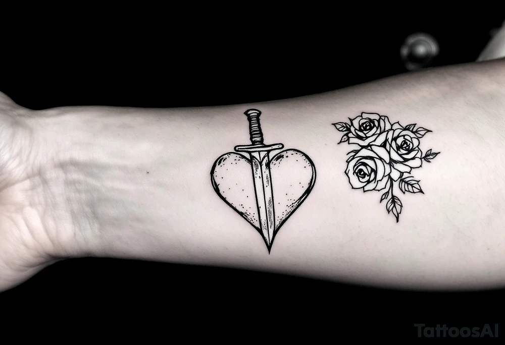 dagger piercing a heart with roses tattoo idea