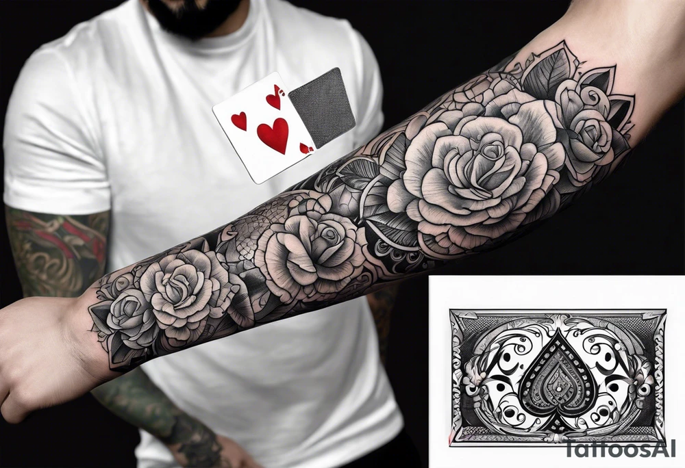 Forearm sleeve tattoo with playing cards and hearts tattoo idea