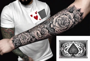 Forearm sleeve tattoo with playing cards and hearts tattoo idea