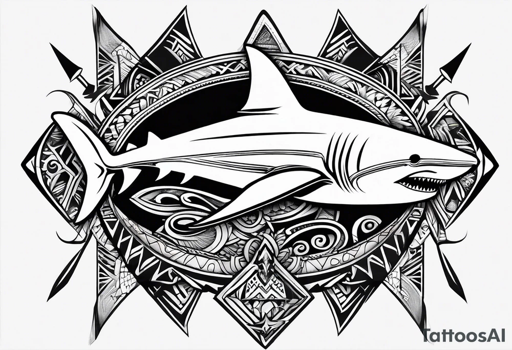Warp tattoo above the knee, using Polynesian style including shark teeth arrows mantaray tattoo idea