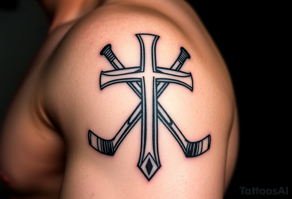 Realistic cross made out of hockey sticks tattoo idea