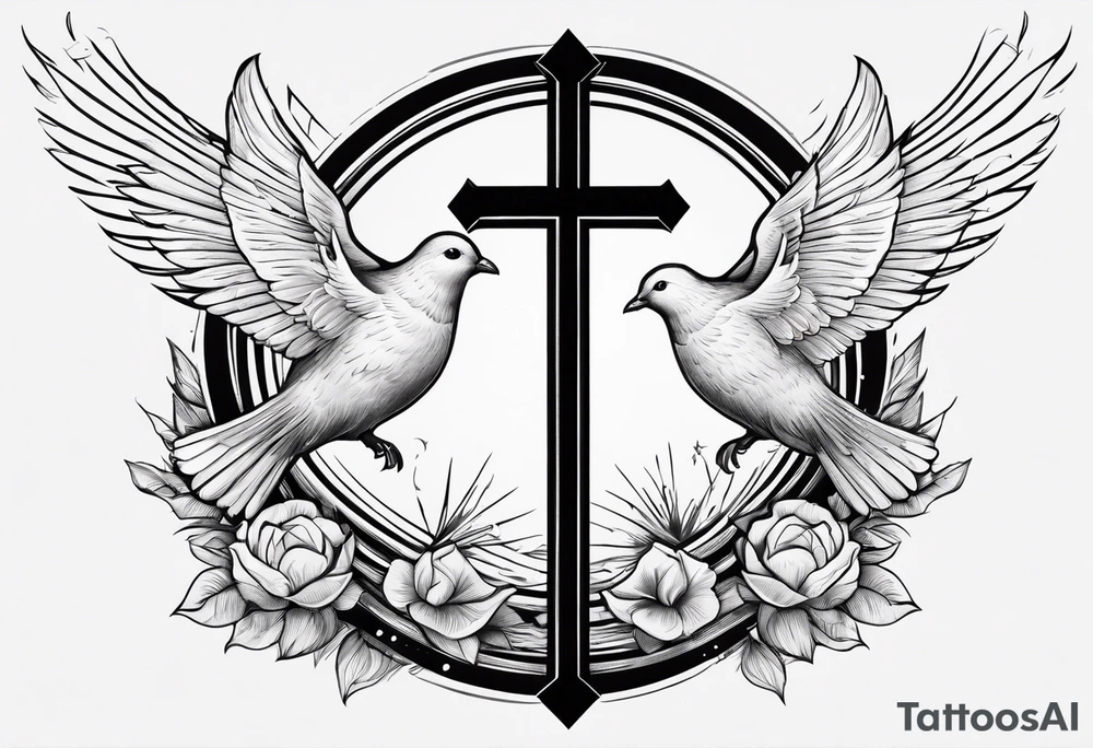 A Cross with doves in the rays of sun with 08/21/2024 in Roman numeral tattoo idea