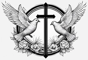 A Cross with doves in the rays of sun with 08/21/2024 in Roman numeral tattoo idea