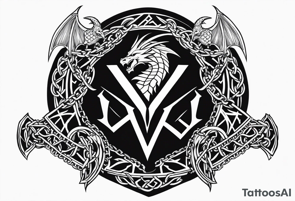 Valhalla sword shield dragon axe Valknut barbed wire chains tattoo idea Valhalla sword shield dragon axe Valknut barbed wire chains tattoo idea