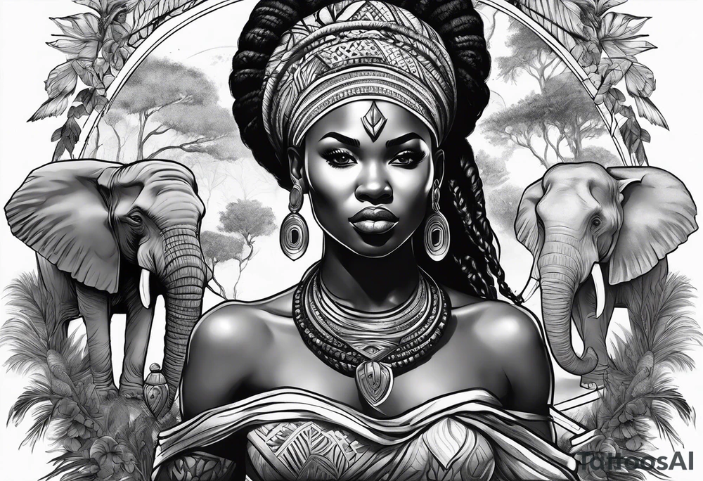 African woman warrior holding spear with ear rings and trees and brids and elephants in the background tattoo idea