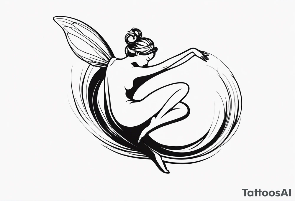 Minimalistic, monochromatic fairy with a tail flying to the left in a fetal position, leaning and looking in the same direction, with visible hands, embodying the 'Fairy Tail' logo aesthetic. tattoo idea