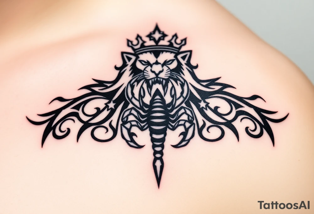 a powerful and majestic lion with a crown and in the middle of this crown , a realistic scorpion, tattoo idea