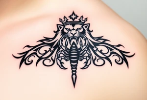 a powerful and majestic lion with a crown and in the middle of this crown , a realistic scorpion, tattoo idea