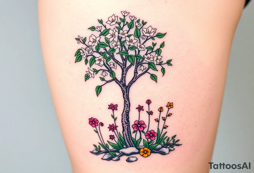 Lilly of the vally plants underneath a blooming hawthorn tree with other colorful plants on ground tattoo idea