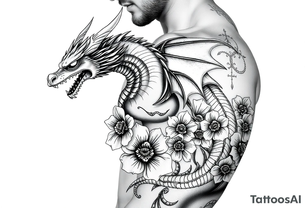 dragon with death flowers tattoo idea