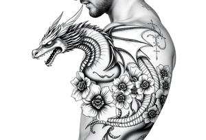 dragon with death flowers tattoo idea