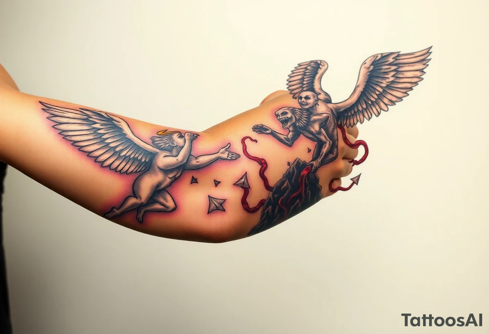 Heaven’s angels fighting hells demons. Angels flying and demons climbing up out of hell tattoo idea