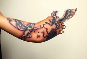 Heaven’s angels fighting hells demons. Angels flying and demons climbing up out of hell tattoo idea