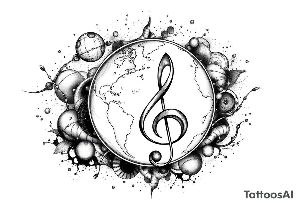 system of the universe with earth and a clef for my love to music, tattoo idea