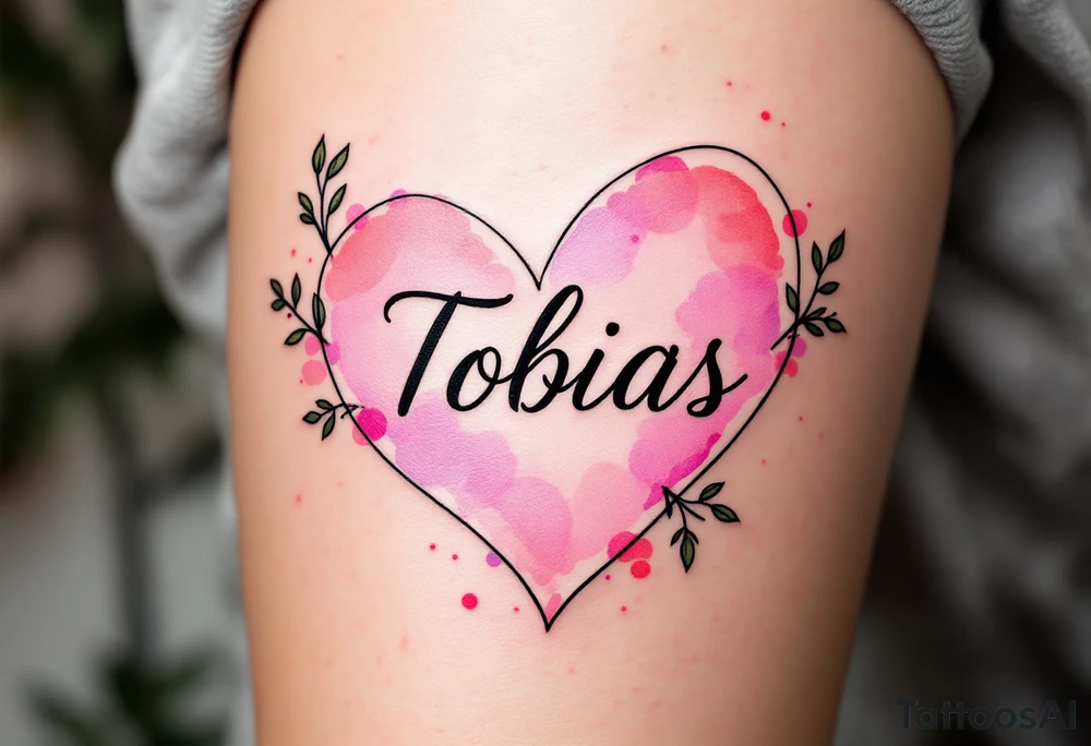 A soft pink heart outlined in black, cradling the name Tobias in cursive. tattoo idea