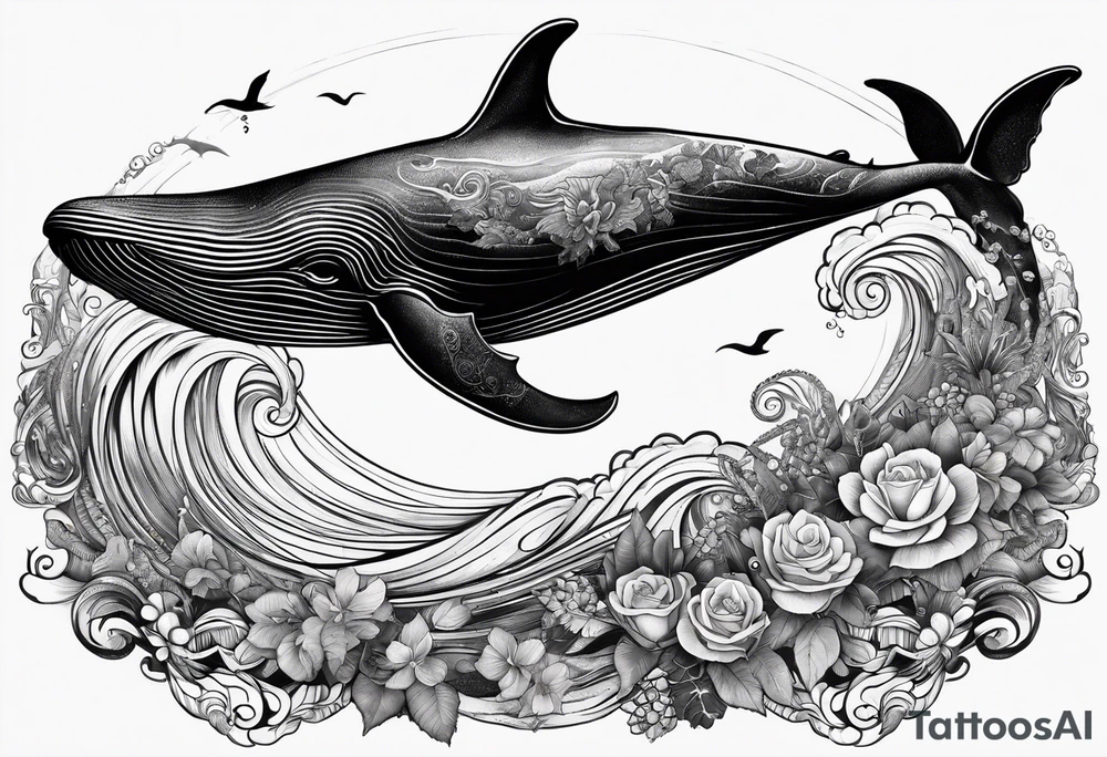 whale with a turtle integrated with a big wave tattoo idea