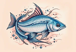 Catfish in Motion – A sleek, dynamic catfish swimming in an S-curve, with silvery-blue scales, accented by soft teal fins and rippled water lines in the background. tattoo idea